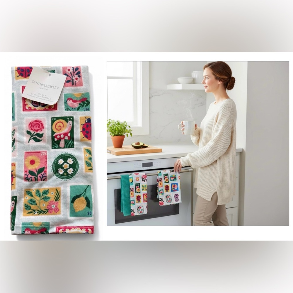 Cynthia Rowley 3 Pc Summer Stamp Design Kitchen Towels